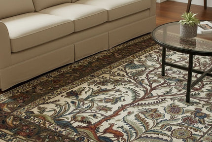 Keschan Teppich ca. 300 × 200 cm – creme/oliv & floral