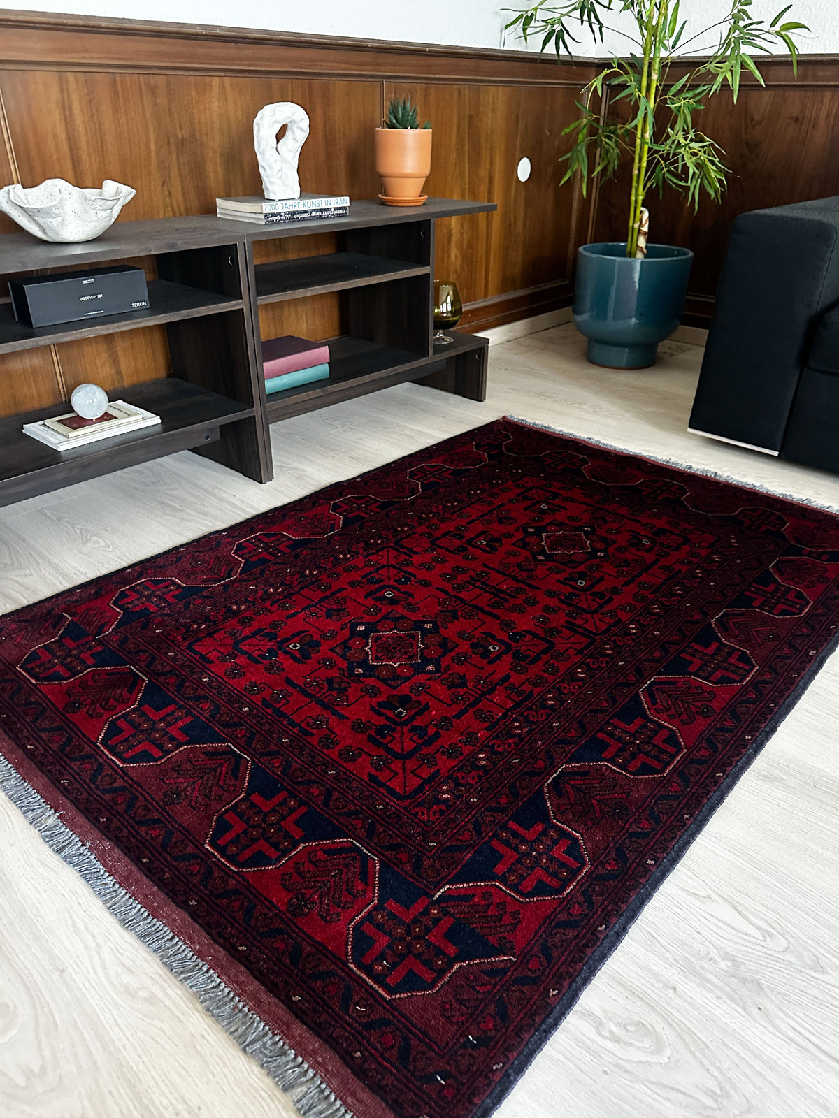 Afghan Teppich ca. 145 × 102 cm – rot/bordeaux & geometrisch