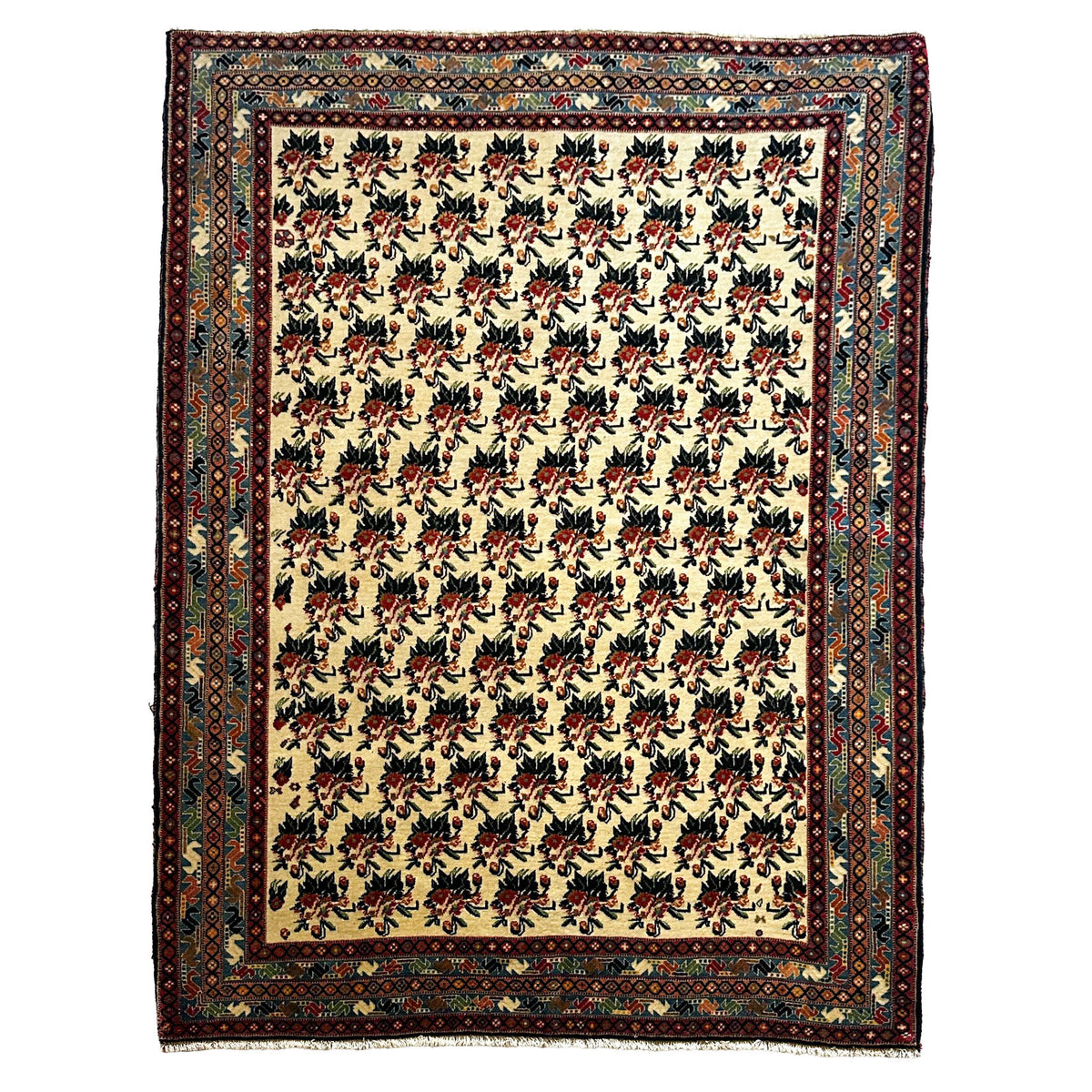 Afschar Teppich ca. 200 × 150 cm – creme/blau/rot & florales Muster