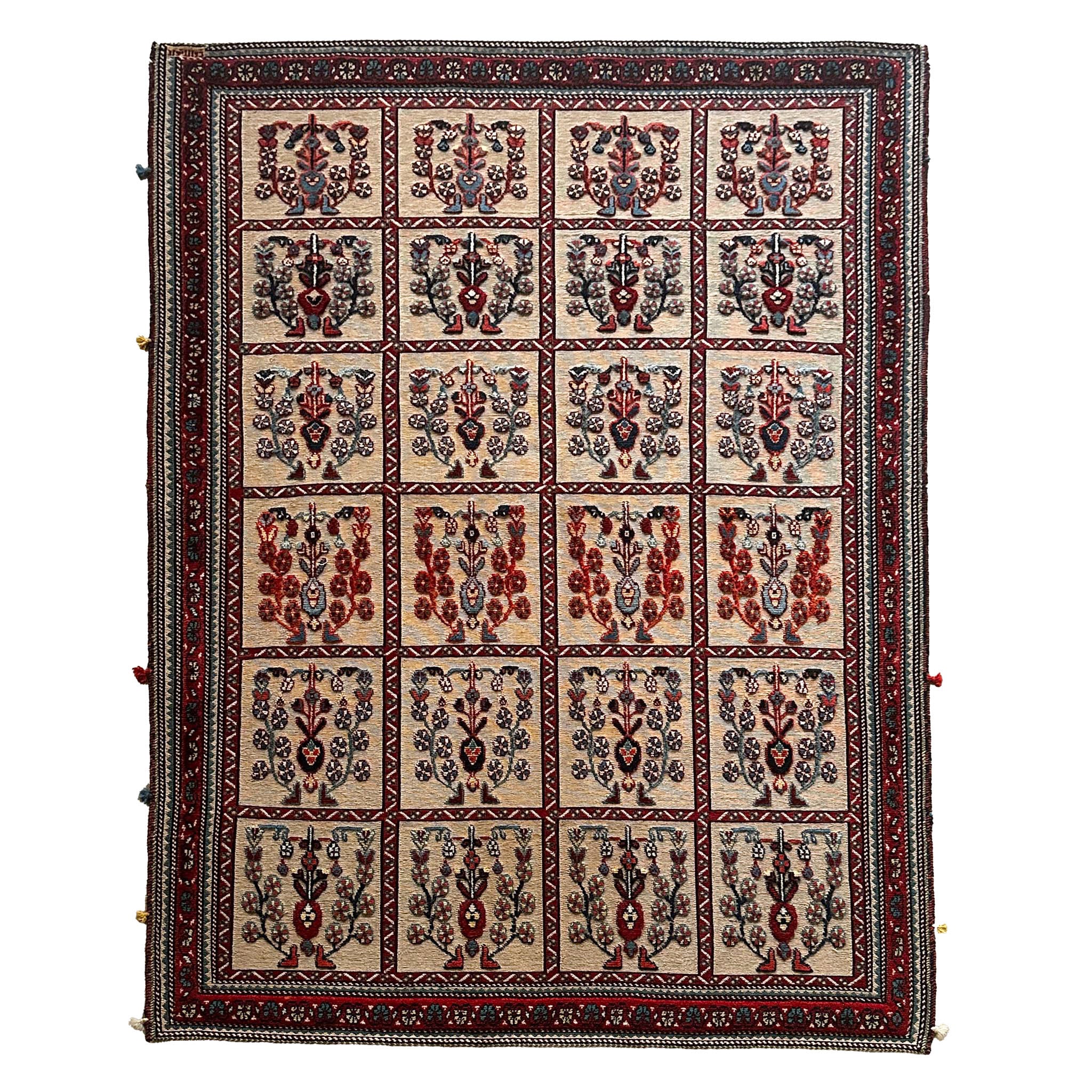 Belutsch Teppich ca. 200 × 150 cm – beige/rot/blau & Feldermuster