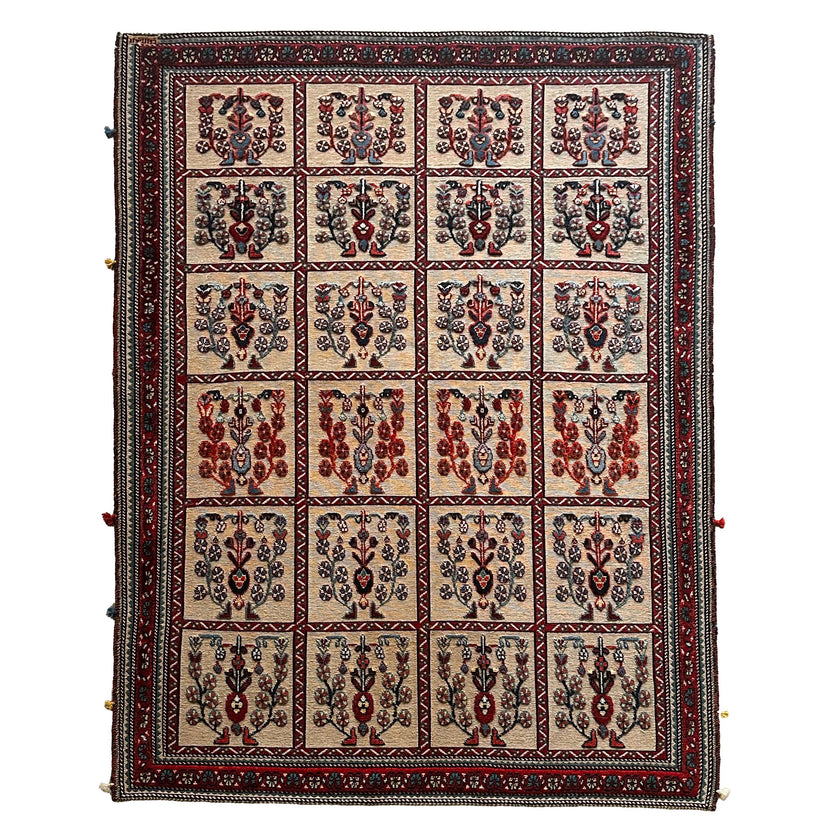 Belutsch Teppich ca. 200 × 150 cm – beige/rot/blau & Feldermuster
