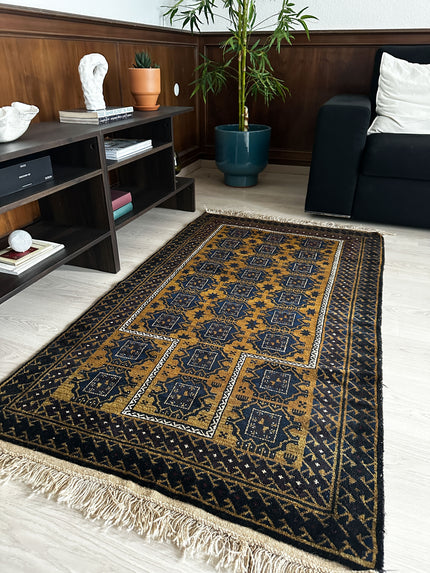 Belutsch Teppich ca. 150 × 100 cm – dunkelblau/braun & geometrisch