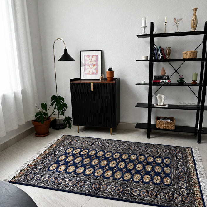Buchara Teppich ca. 200 × 150 cm – dunkelblau & geometrisch