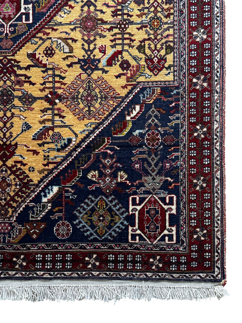 Gaschghai Teppich ca. 148 × 108 cm – goldgelb & dunkelblau