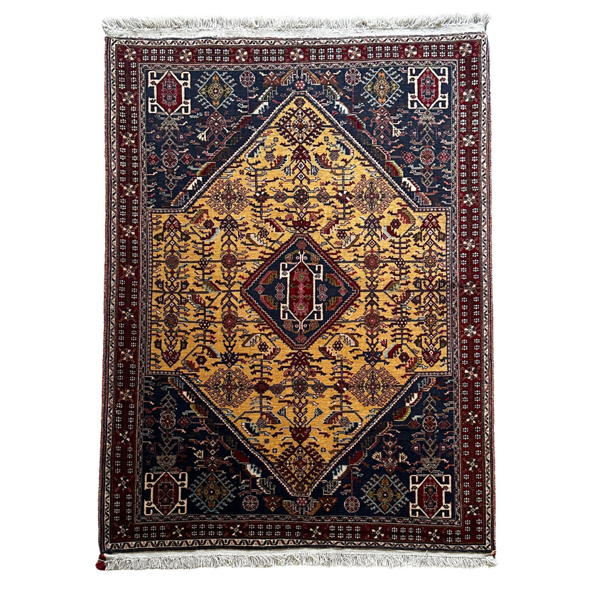 Gaschghai Teppich ca. 148 × 108 cm – goldgelb & dunkelblau