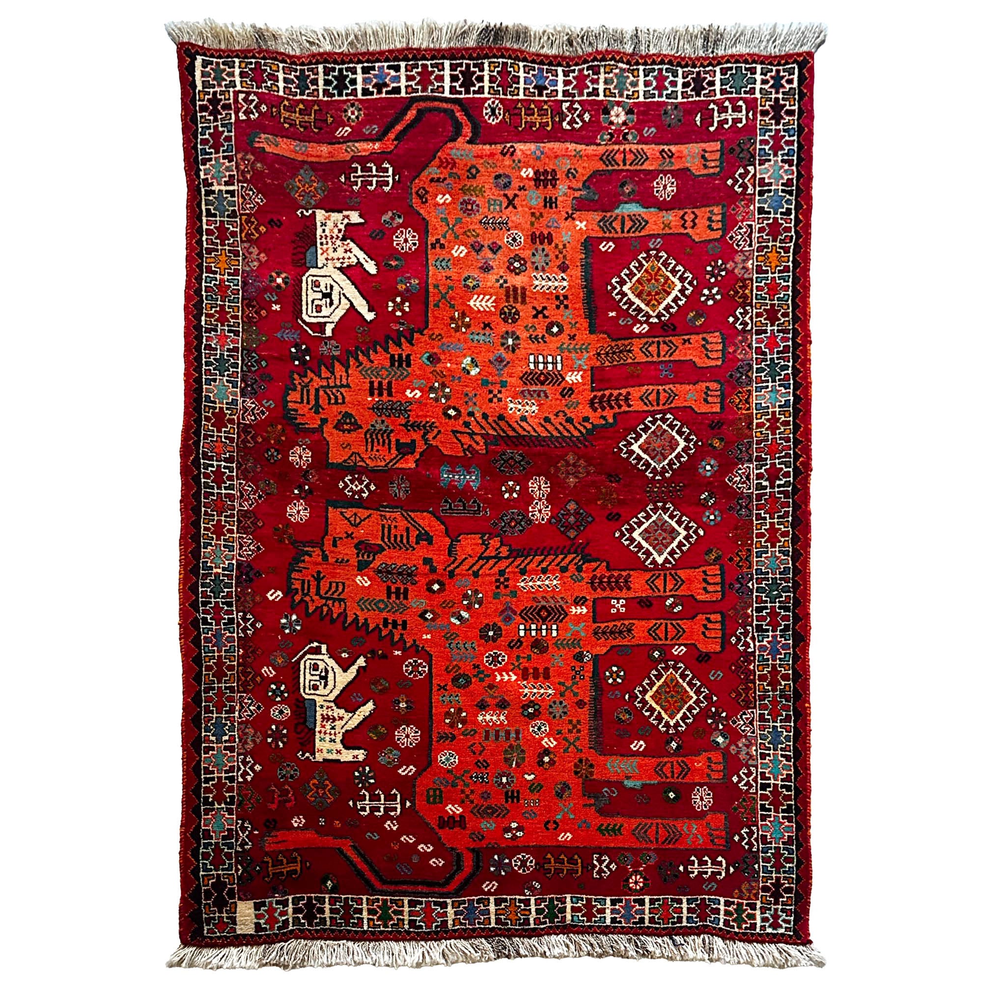 Gaschghai Teppich ca. 200 × 150 cm – rot/orange & figürliches Nomadenmuster