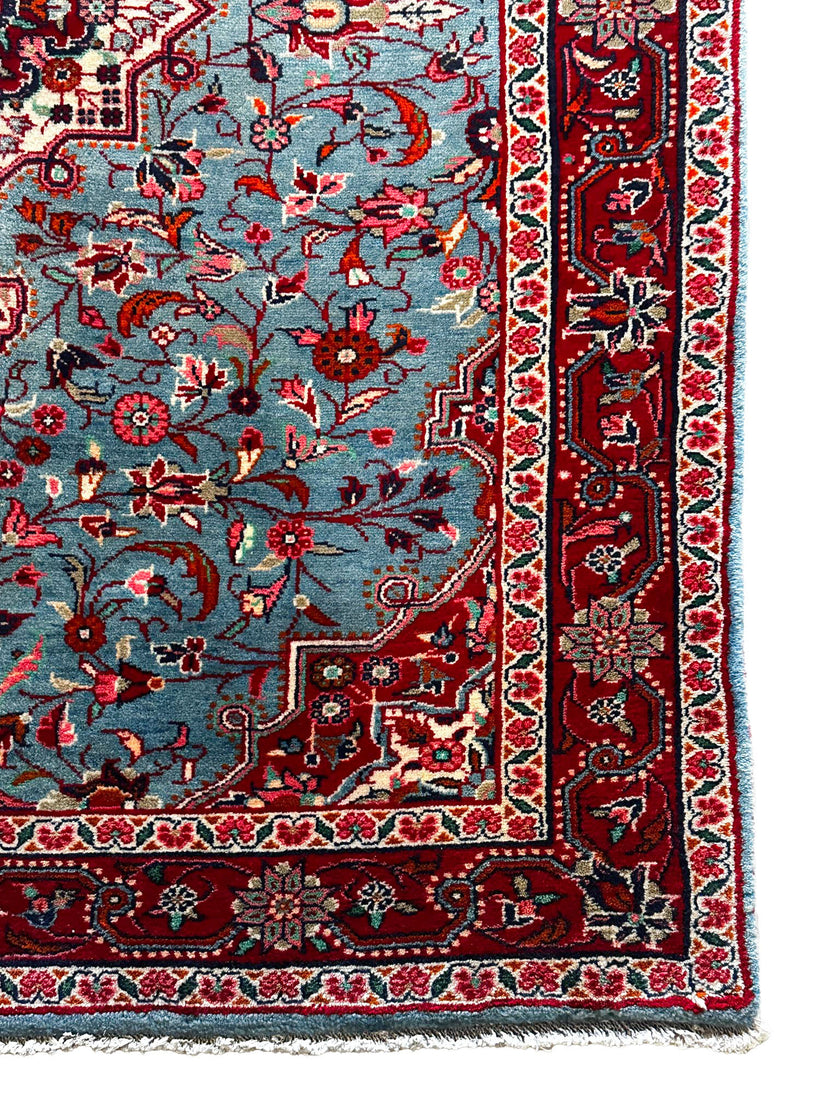 Hamedan Teppich ca. 150 × 100 cm – hellblau/rot/creme & floral