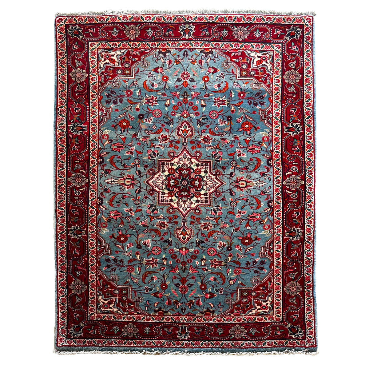 Hamedan Teppich ca. 150 × 100 cm – hellblau/rot/creme & floral