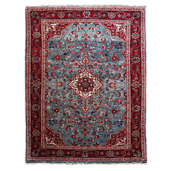 Hamedan Teppich ca. 150 × 100 cm – hellblau/rot/creme & floral