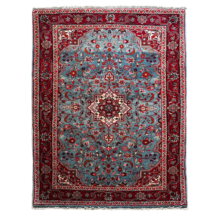 Hamedan Teppich ca. 150 × 100 cm – hellblau/rot/creme & floral