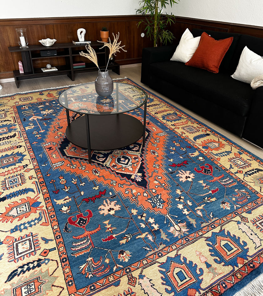 Heriz Teppich ca. 200 × 300 cm – blau/orange & ausdrucksstark