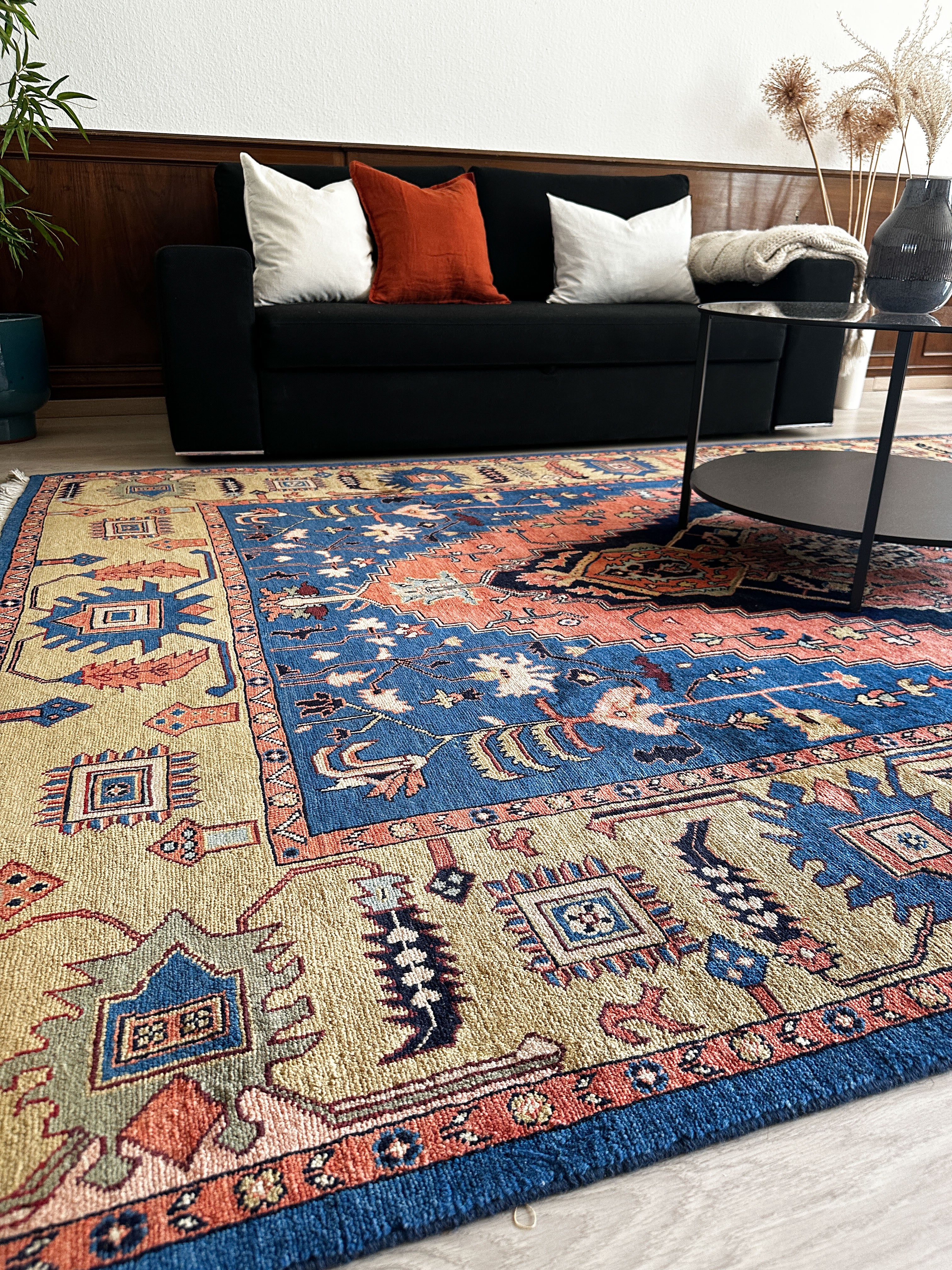 Heriz Teppich ca. 200 × 300 cm – blau/orange & ausdrucksstark