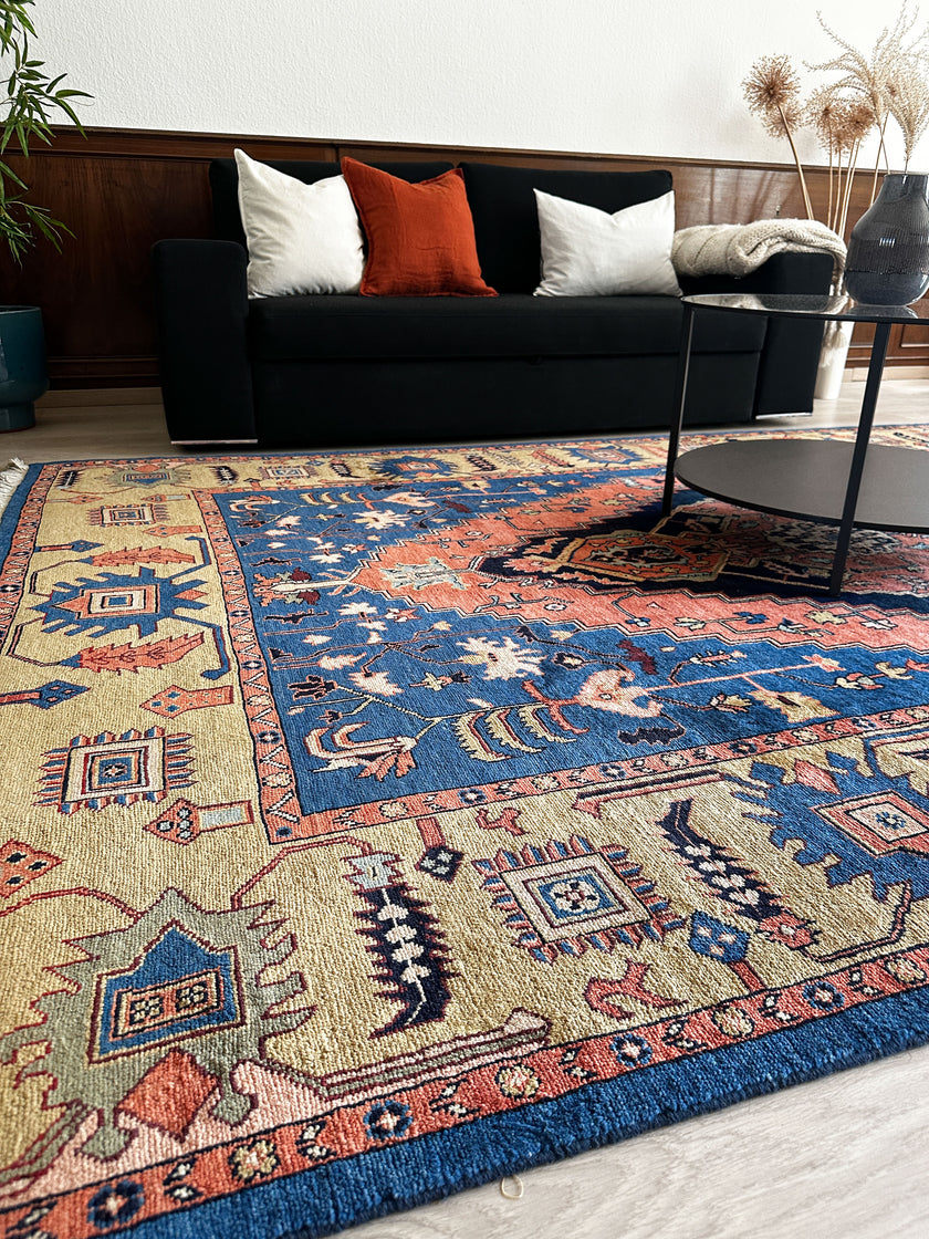 Heriz Teppich ca. 200 × 300 cm – blau/orange & ausdrucksstark