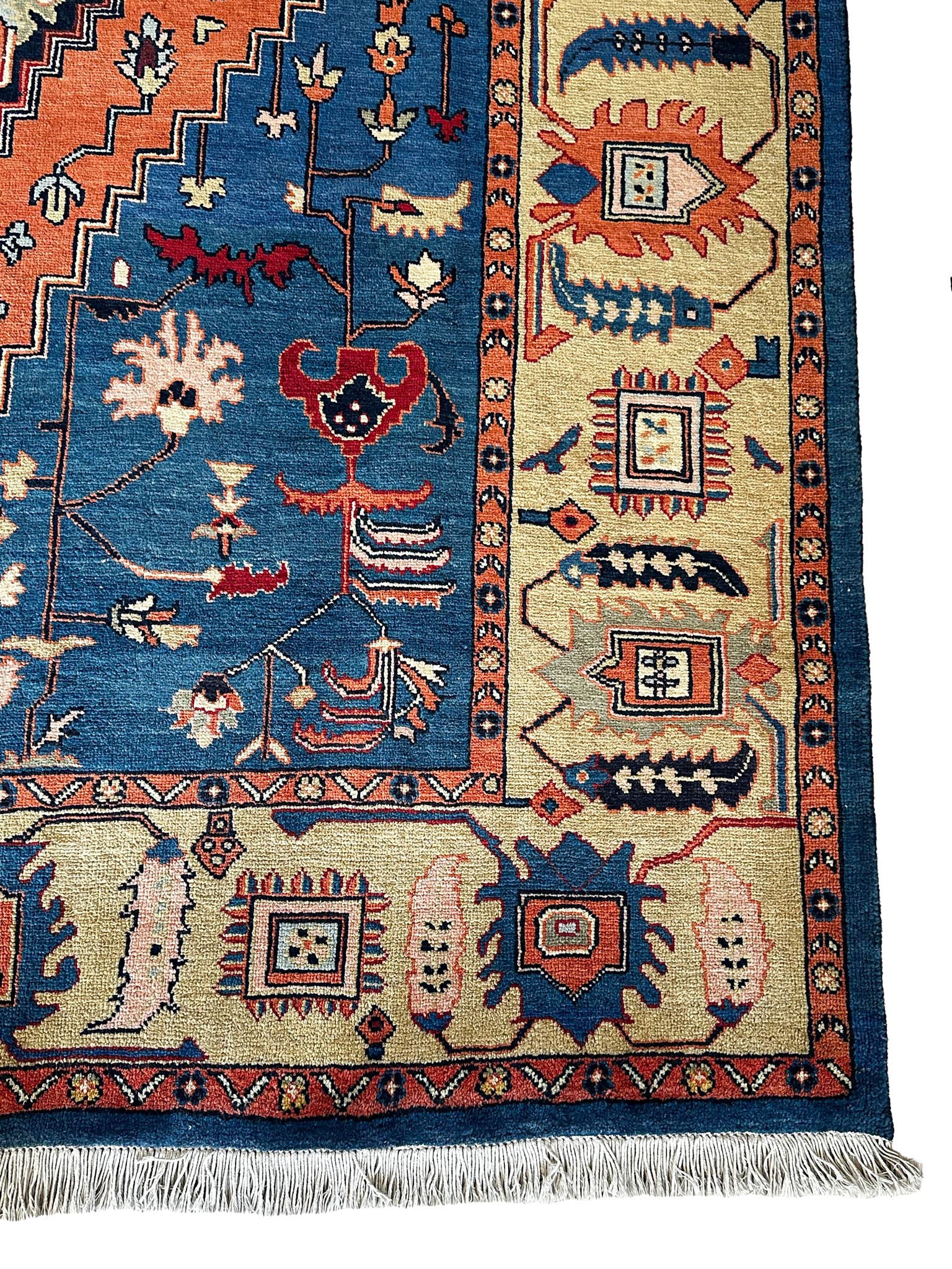 Heriz Teppich ca. 200 × 300 cm – blau/orange & ausdrucksstark
