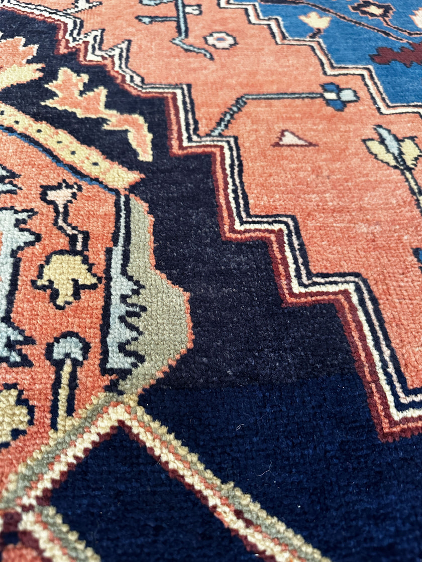 Heriz Teppich ca. 200 × 300 cm – blau/orange & ausdrucksstark