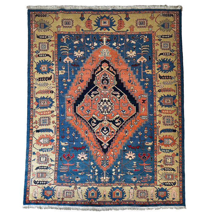 Heriz Teppich ca. 200 × 300 cm – blau/orange & ausdrucksstark