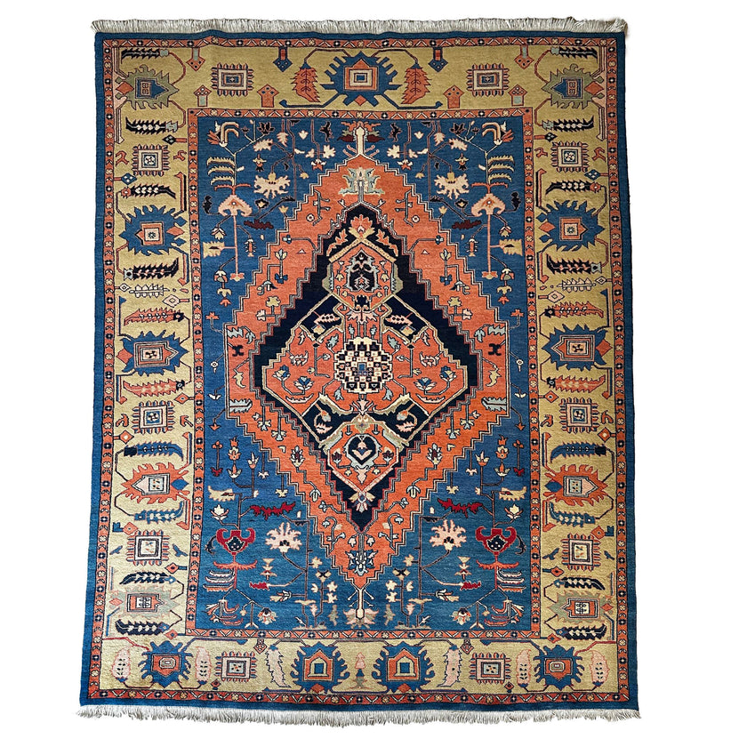 Heriz Teppich ca. 200 × 300 cm – blau/orange & ausdrucksstark