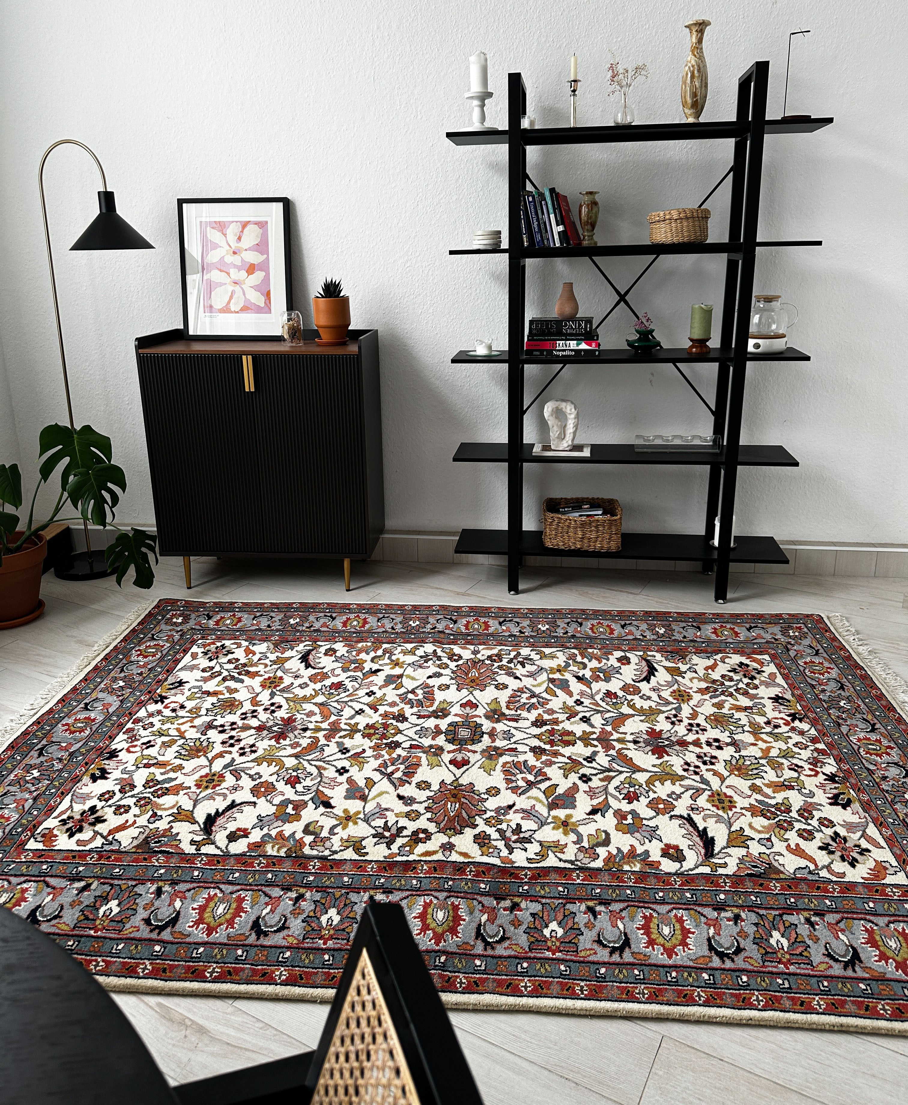 Keschan Teppich ca. 250 × 150 cm – creme/blau & floral