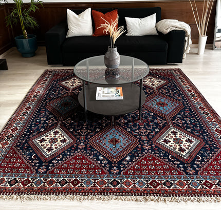 Jalameh Teppich ca. 200 × 200 cm – dunkelblau/rot/hellblau & geometrisch