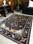 Keschan Teppich ca. 150 × 100 cm – dunkelblau/creme & floral