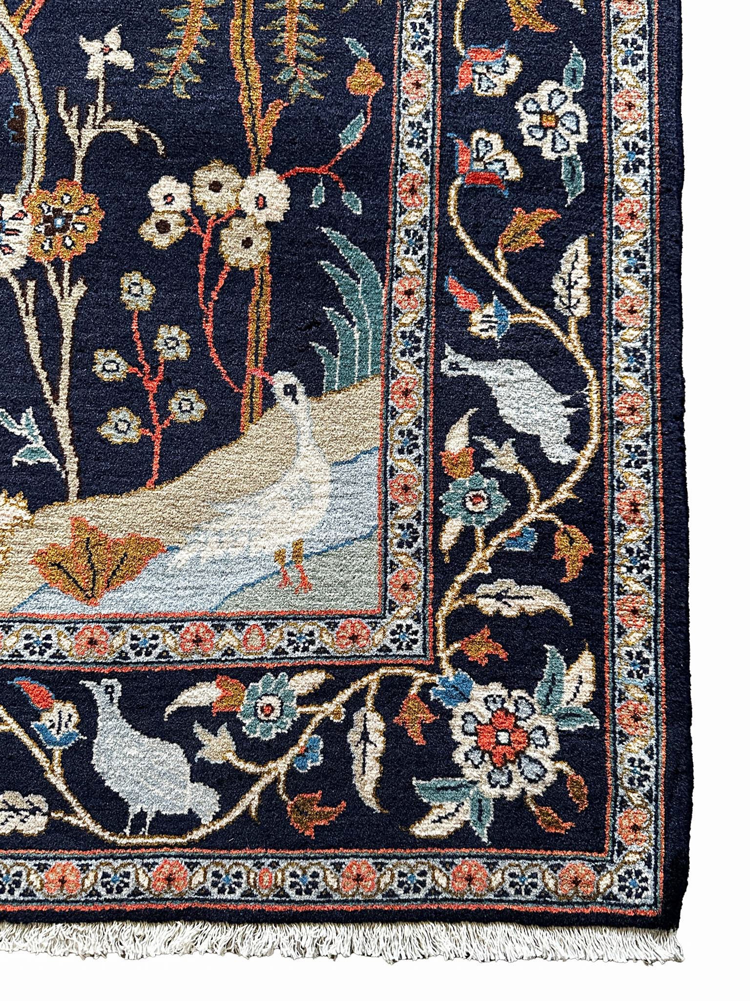 Keschan Teppich ca. 150 × 100 cm – dunkelblau/creme & floral