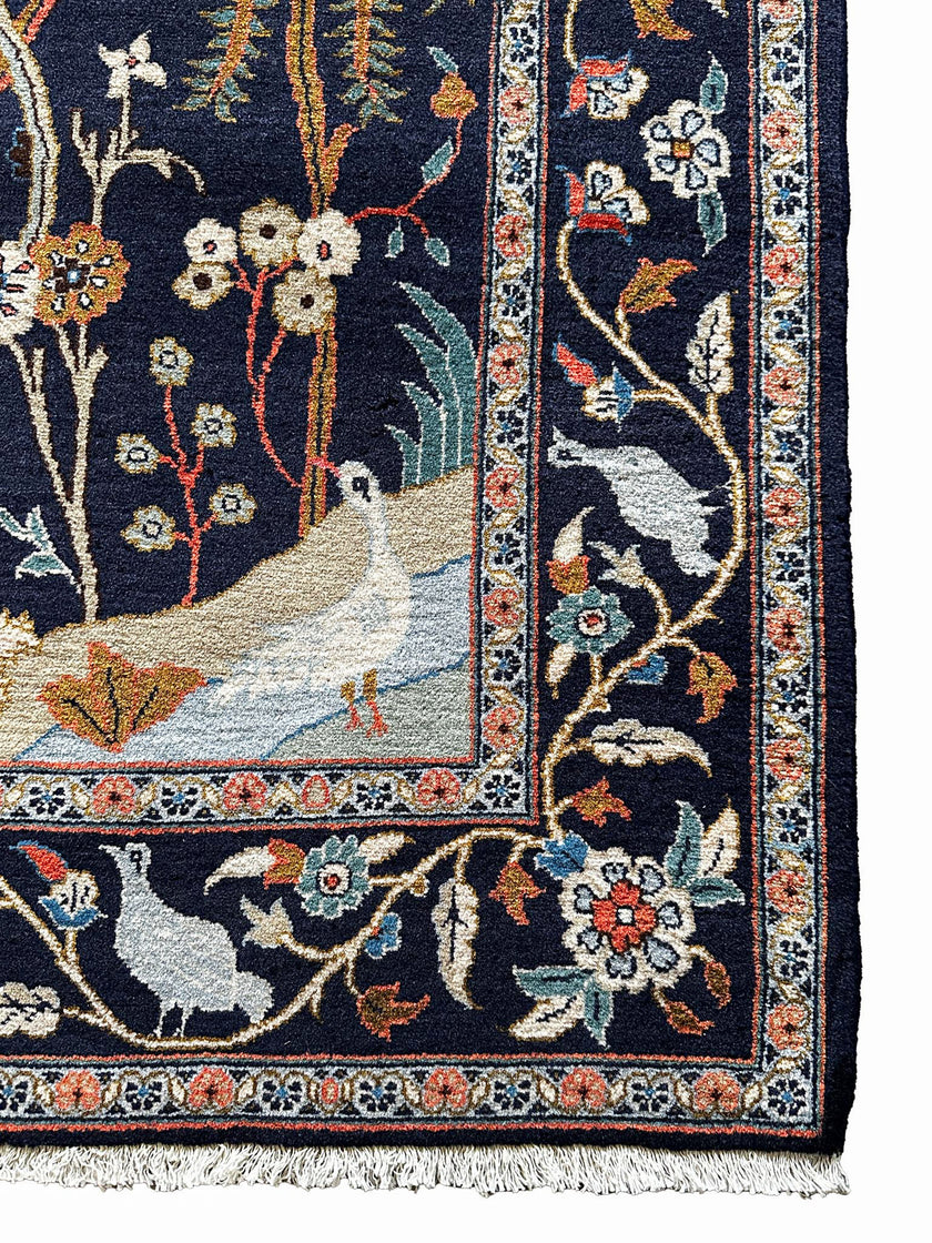 Keschan Teppich ca. 150 × 100 cm – dunkelblau/creme & floral