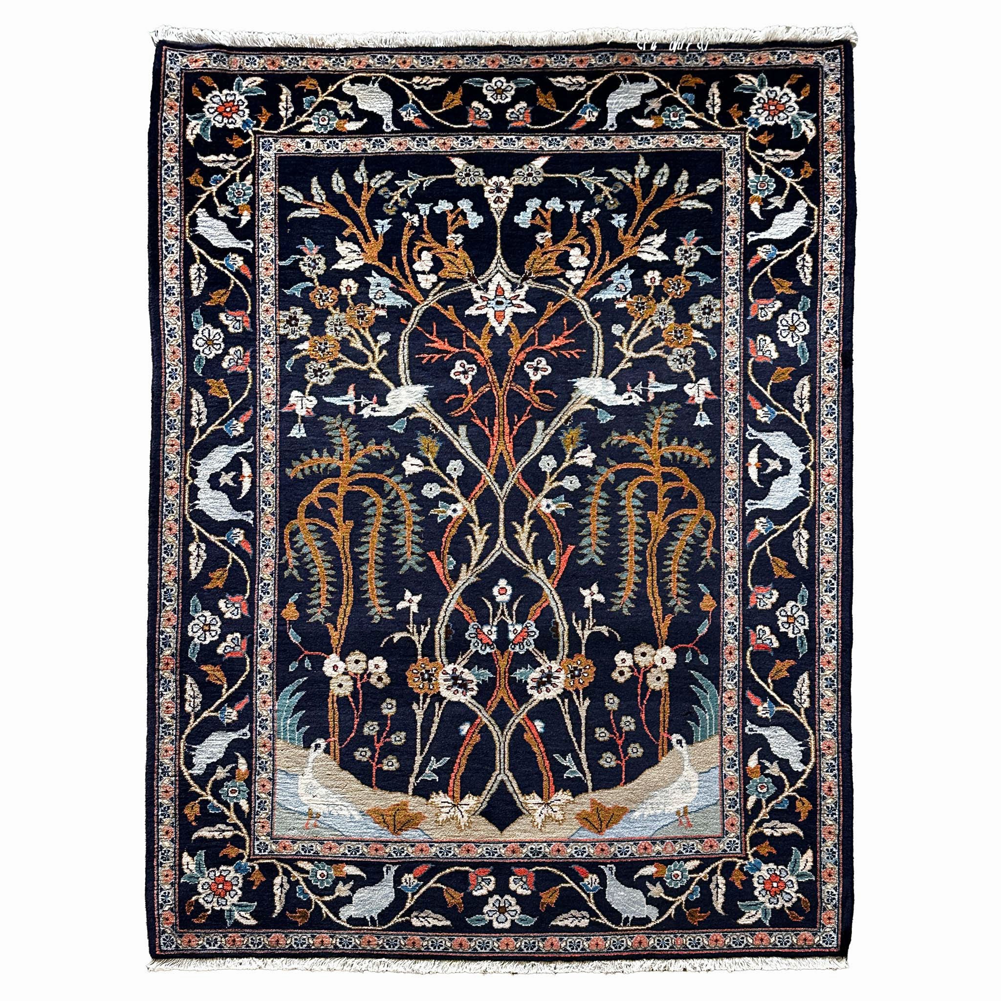 Keschan Teppich ca. 150 × 100 cm – dunkelblau/creme & floral