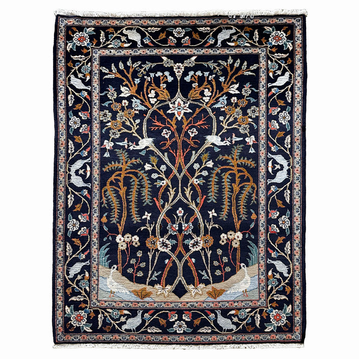 Keschan Teppich ca. 150 × 100 cm – dunkelblau/creme & floral