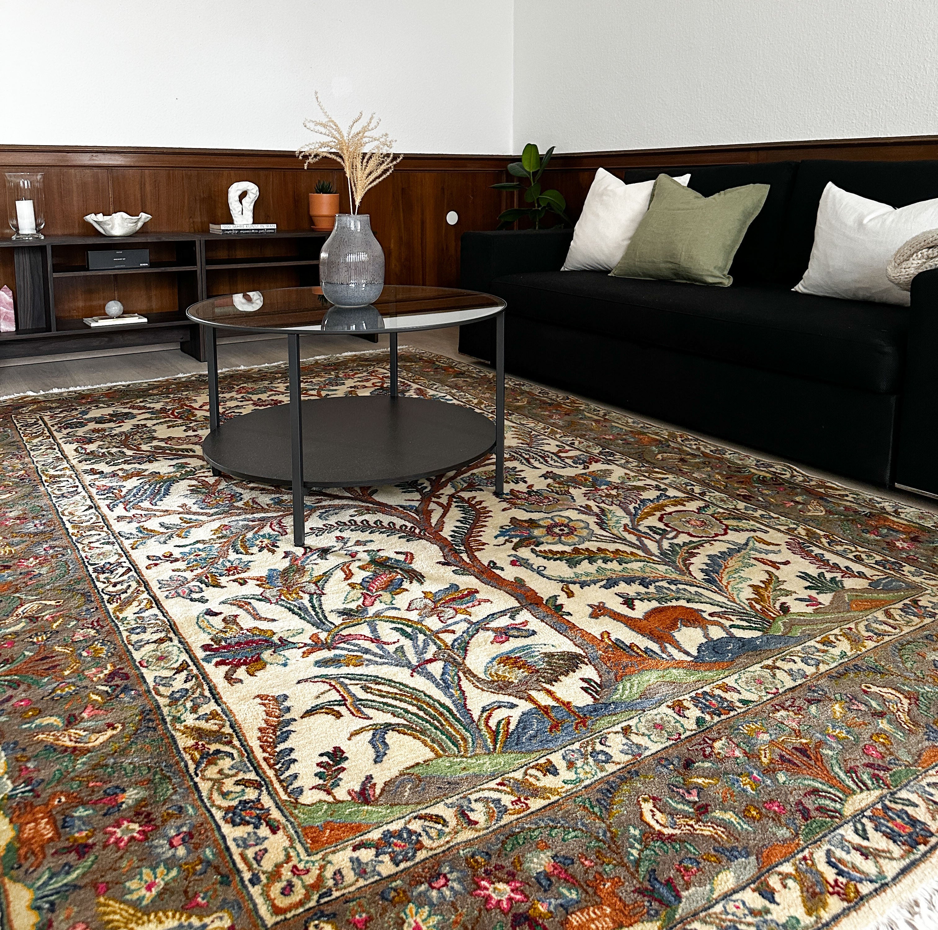 Keschan Teppich ca. 300 × 200 cm – creme/oliv & floral