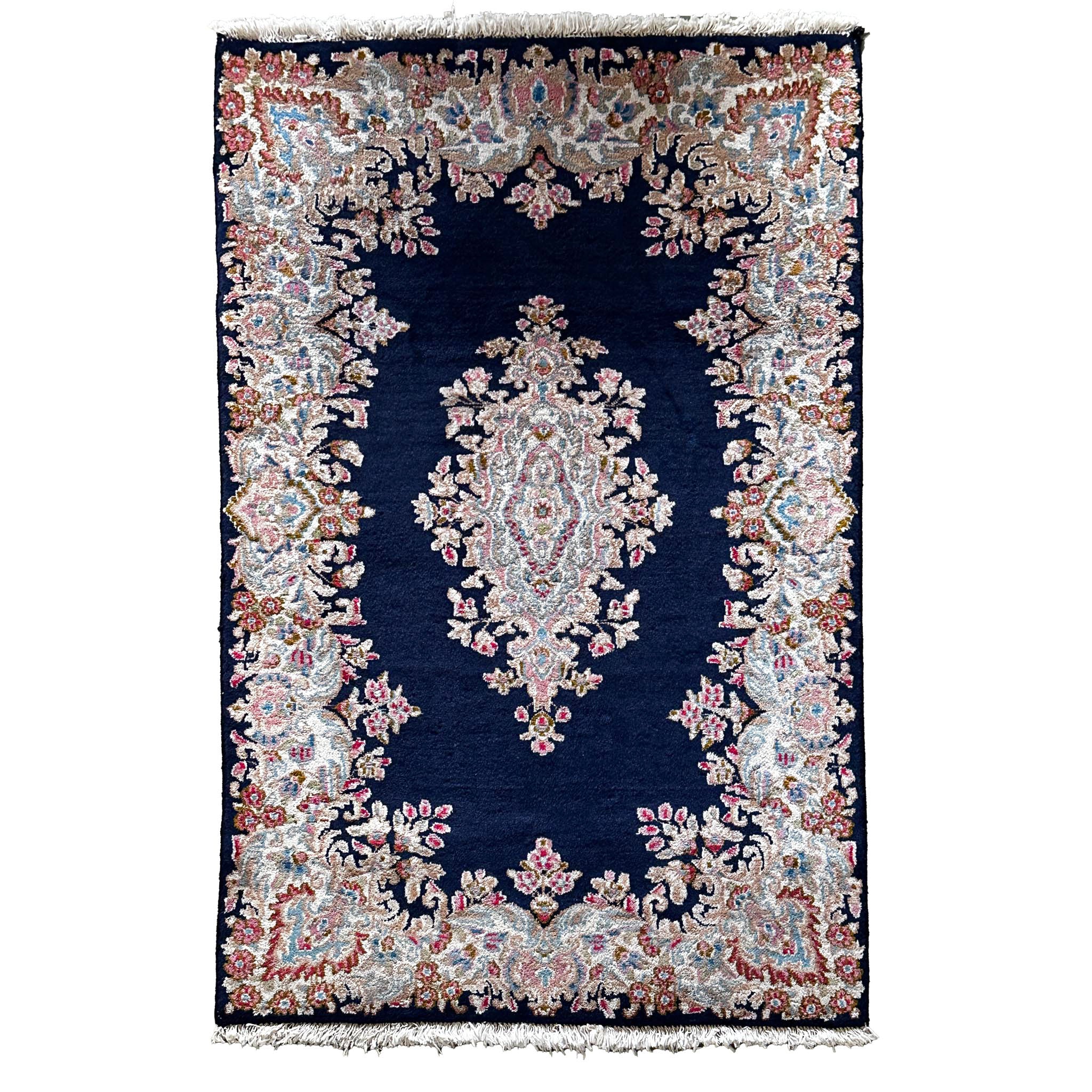 Kirman Teppich ca. 150 × 100 cm – dunkelblau/creme & elegant