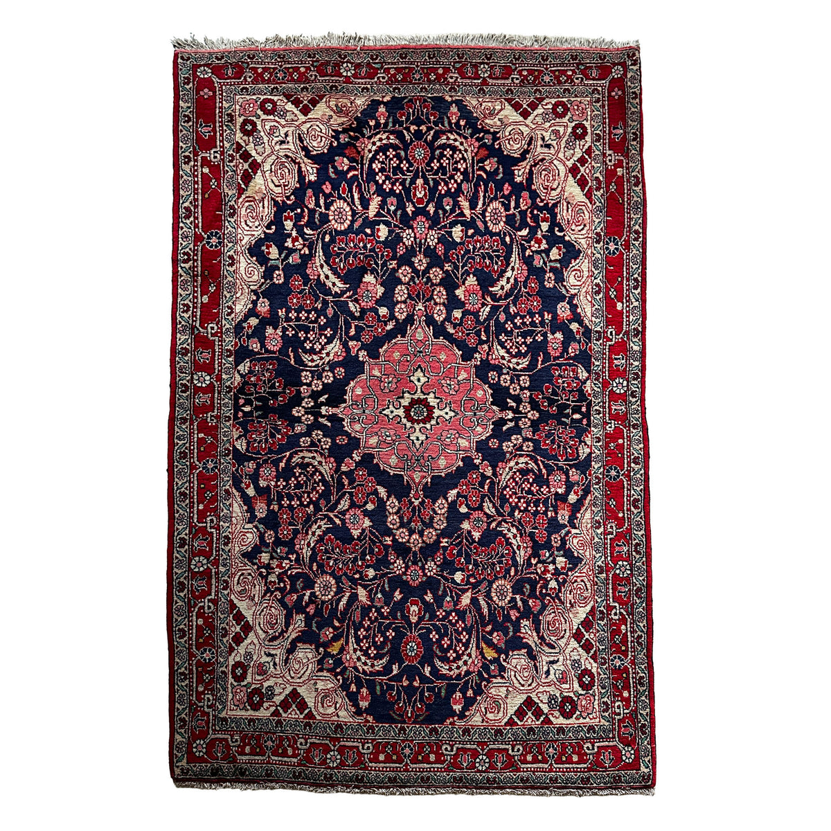 Malayer Teppich ca. 232 × 135 cm – dunkelblau & rot floral