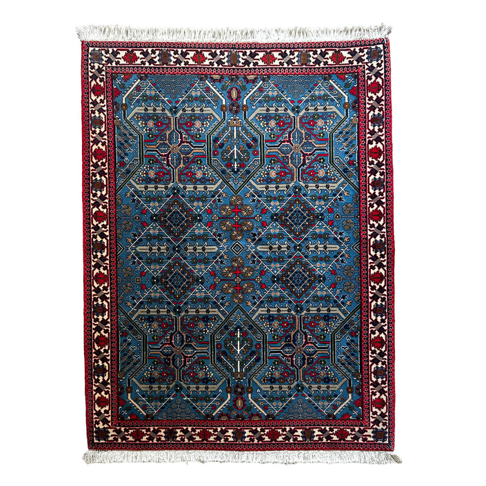 Meymey Teppich ca. 160 × 114 cm – blau, rot & geometrisch
