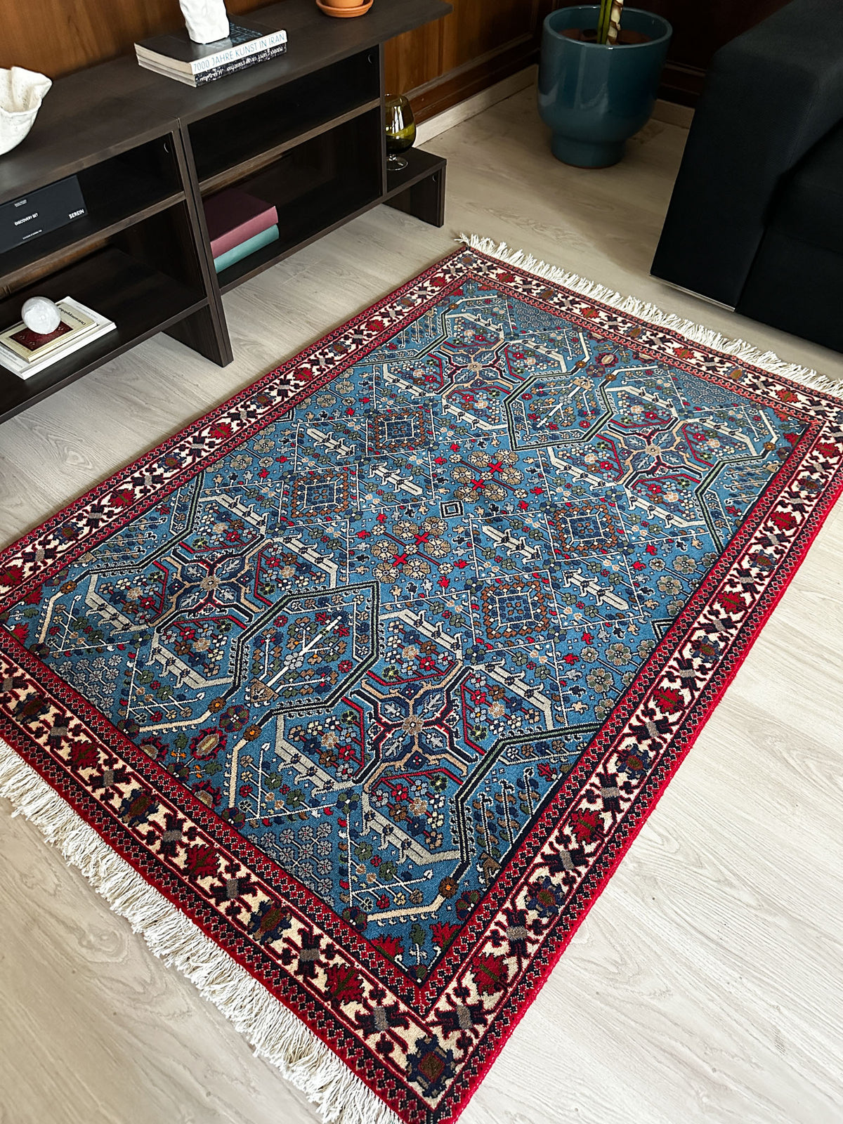Meymey Teppich ca. 160 × 114 cm – blau, rot & geometrisch