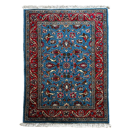 Kaschan Teppich ca. 150 × 100 cm – hellblau/rot & floral