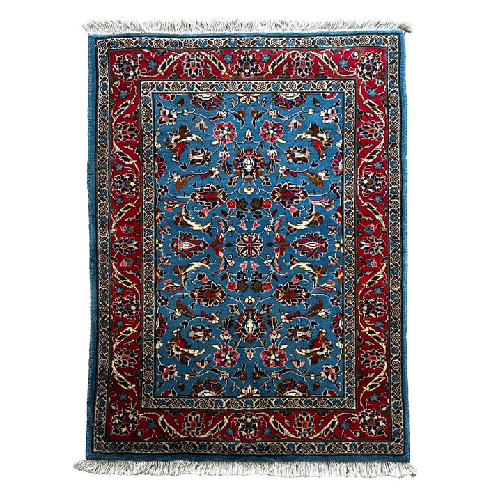 Kaschan Teppich ca. 150 × 100 cm – hellblau/rot & floral