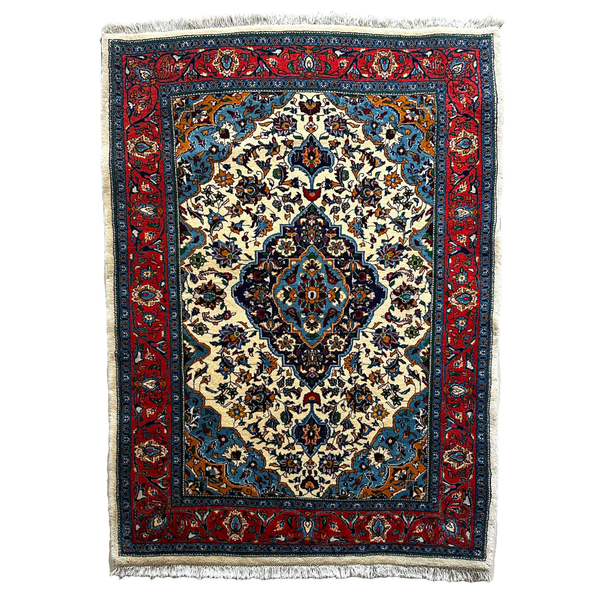Sarough Teppich ca. 150 × 100 cm – creme/rot/blau & floral gemustert