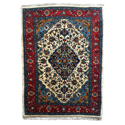 Sarough Teppich ca. 150 × 100 cm – creme/rot/blau & floral gemustert