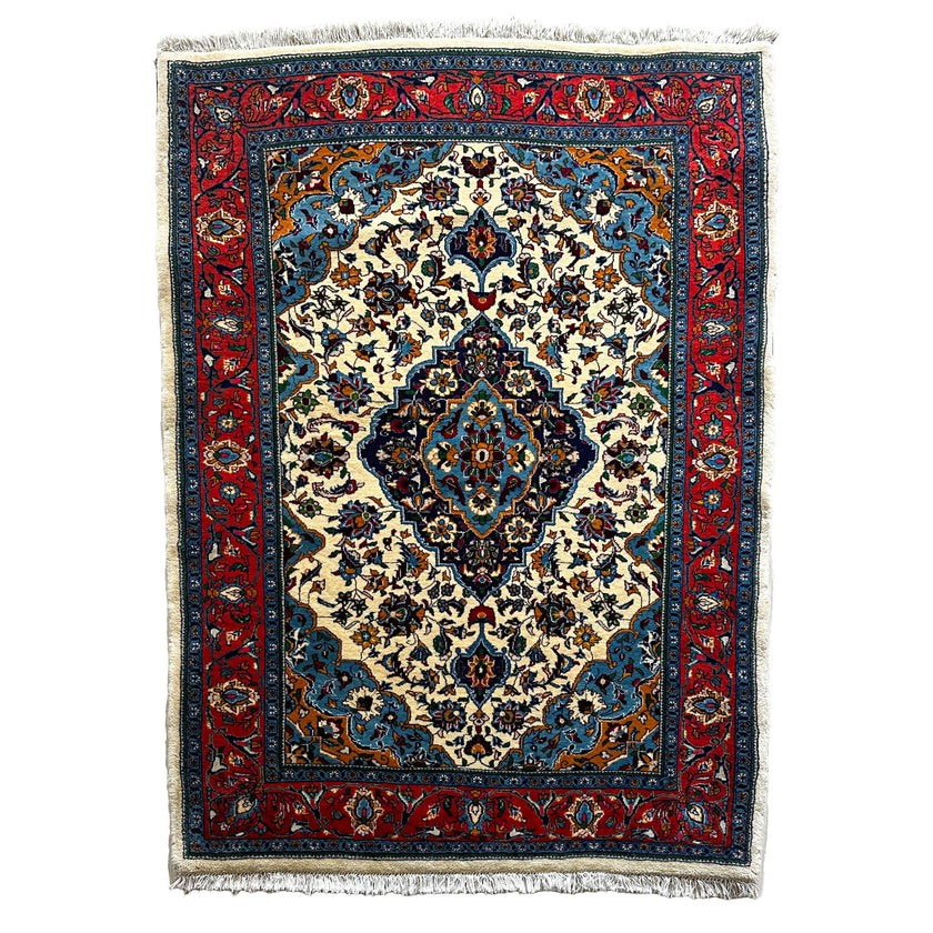 Sarough Teppich ca. 150 × 100 cm – creme/rot/blau & floral gemustert