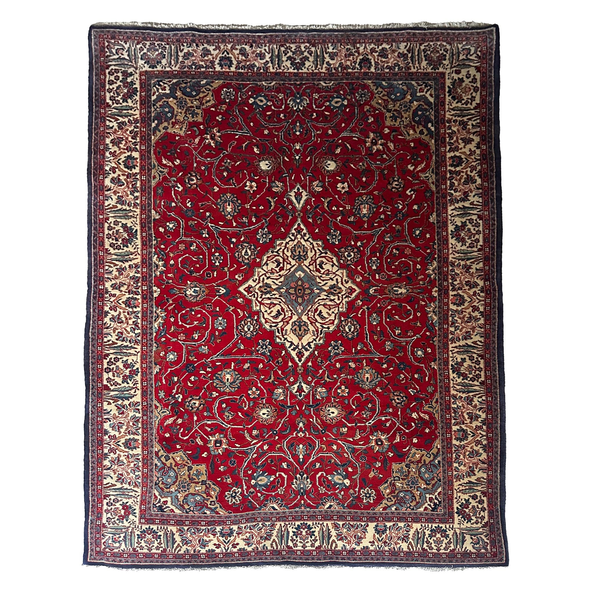 Sarugh Teppich ca. 150 × 100 cm – rot/creme/blau & klassisch