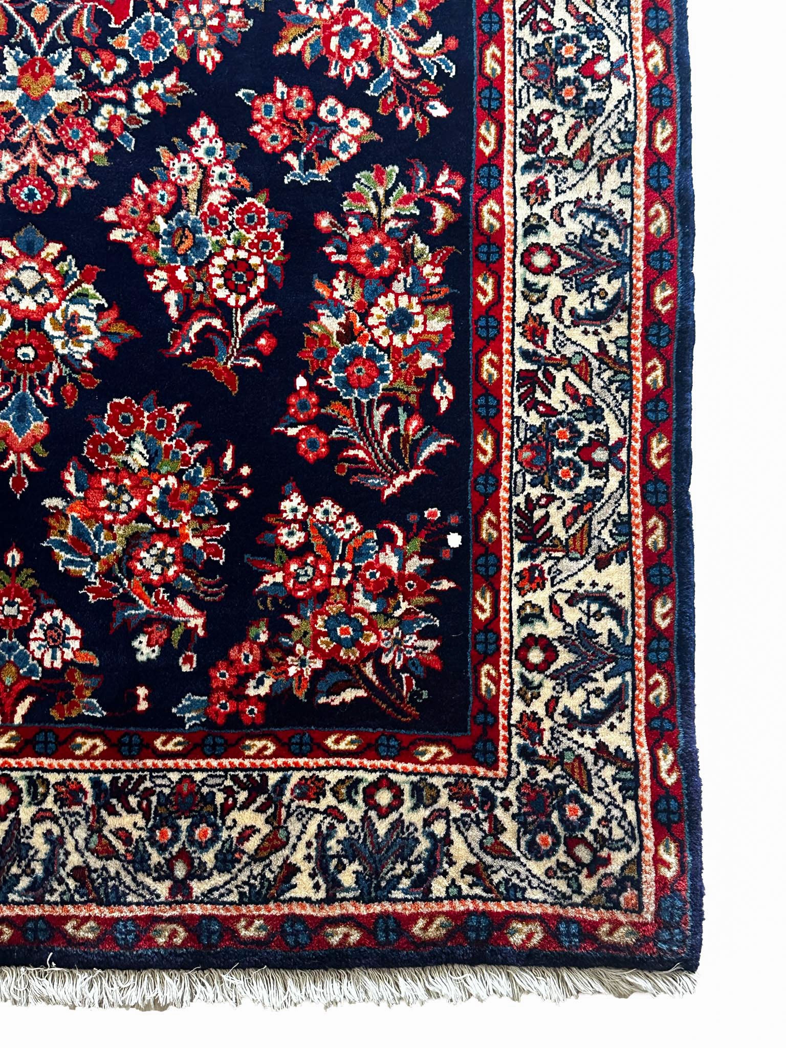 Sarough Teppich ca. 150 × 100 cm – dunkelblau/creme/rot & floral