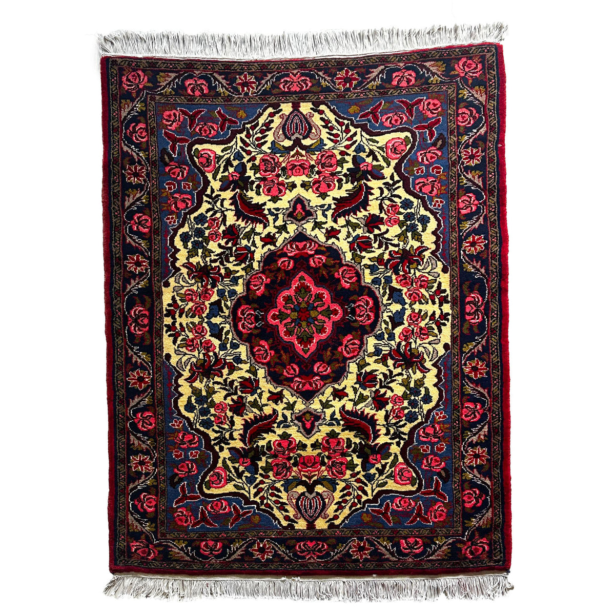 Sarugh Teppich ca. 150 × 100 cm – creme/blau/rot & floral