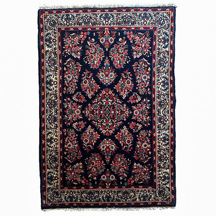 Sarough Teppich ca. 150 × 100 cm – dunkelblau/creme/rot & floral