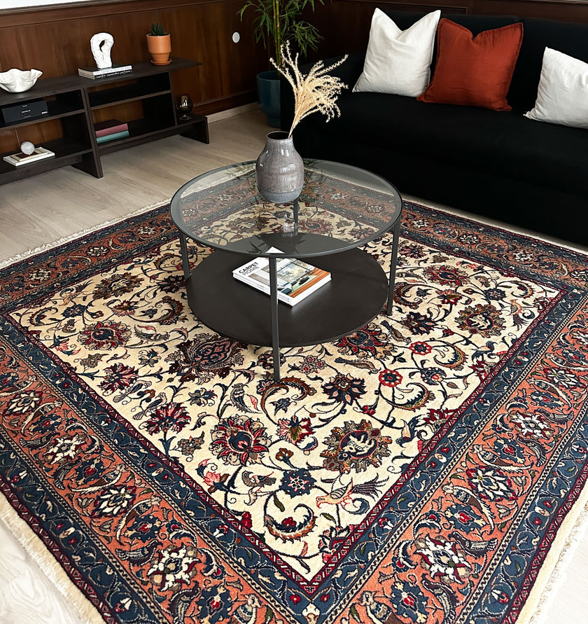 Sarough Teppich ca. 200 × 200 cm – creme/blau/altrosa & klassisch floral