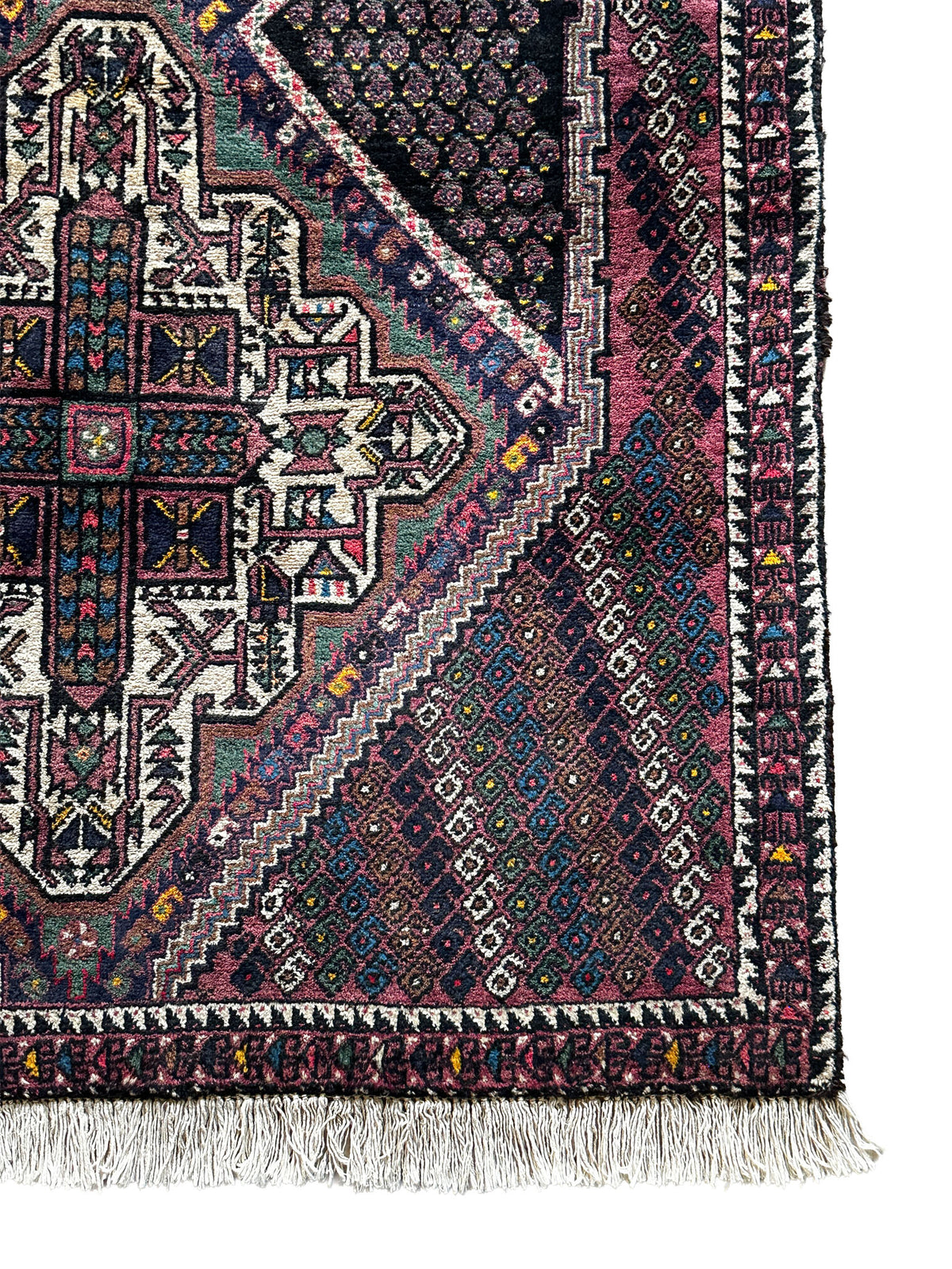 Scharabak Teppich ca. 158 × 99 cm – bordeaux, dunkelgrün & creme