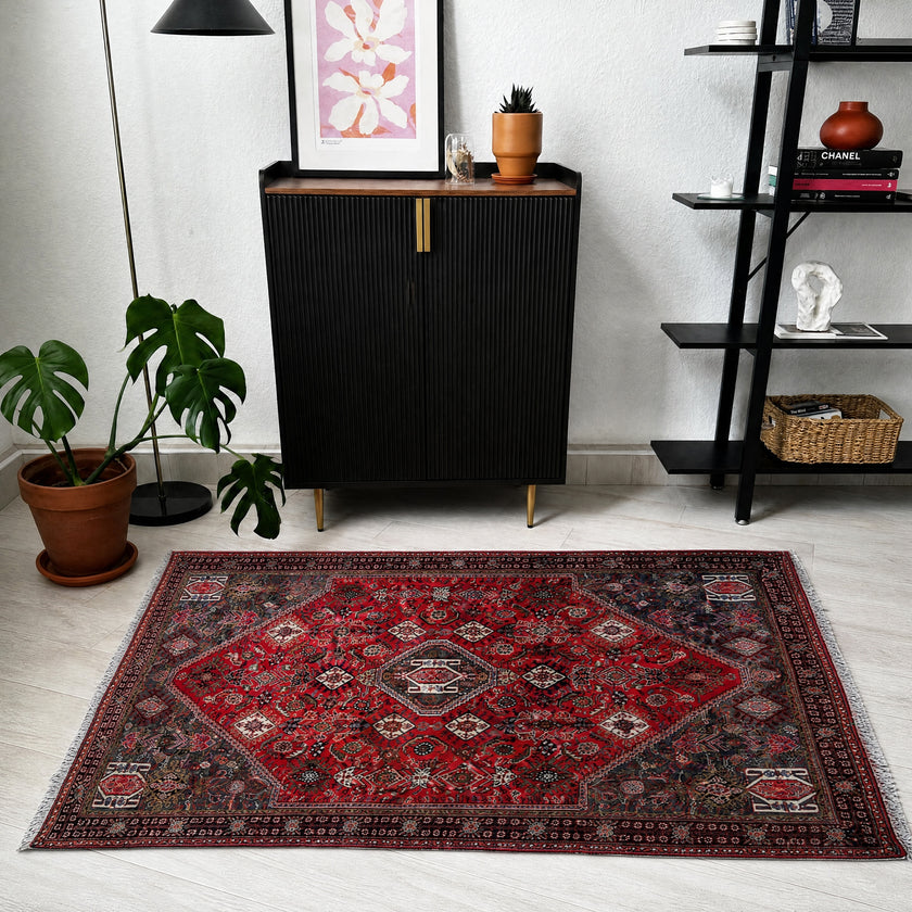 Schiraz Teppich ca. 200 × 150 cm – rot/grau & ausdrucksstark