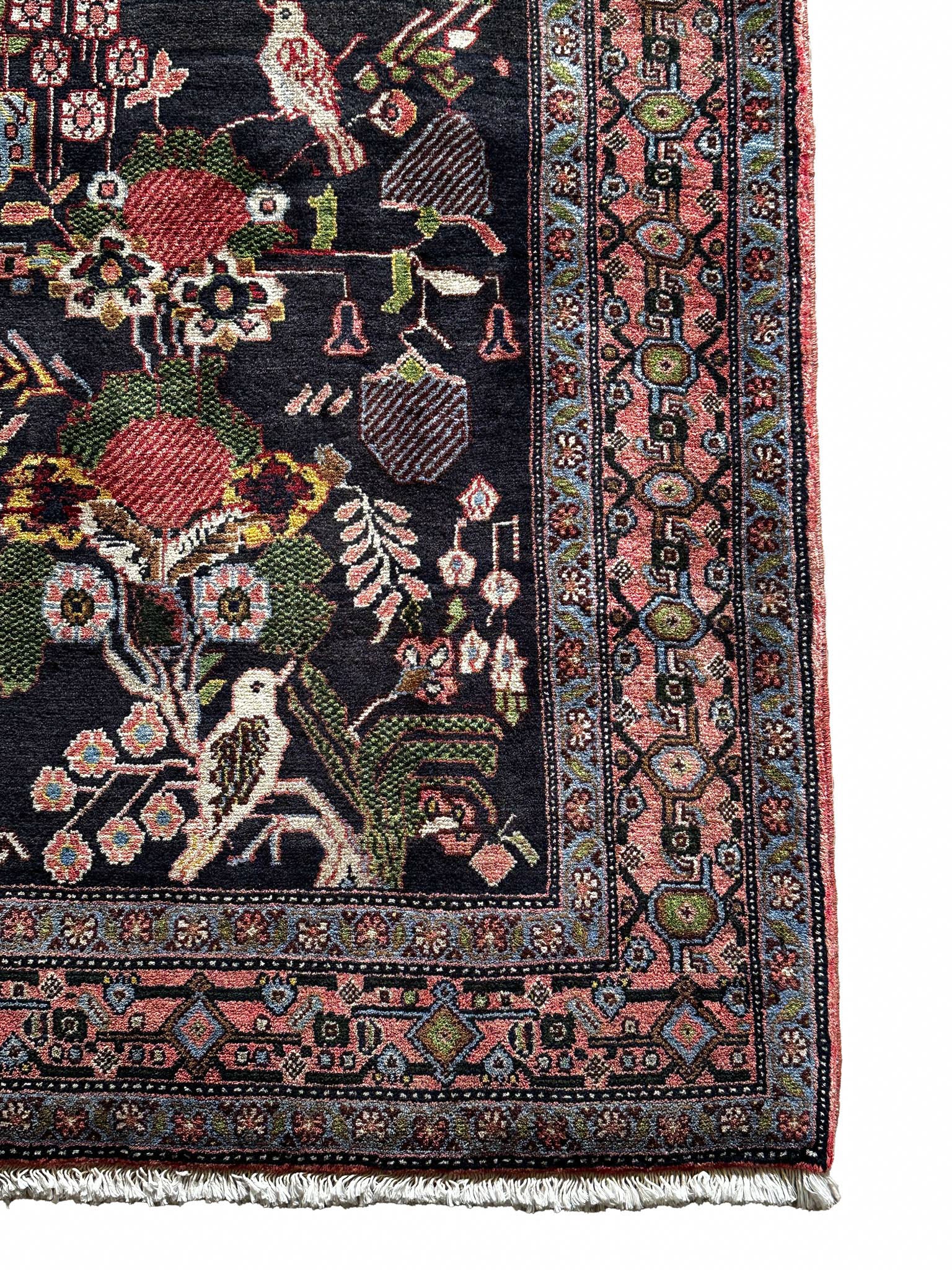Senneh Teppich ca. 150 × 100 cm – dunkelblau/rosa/grün & dekorativ