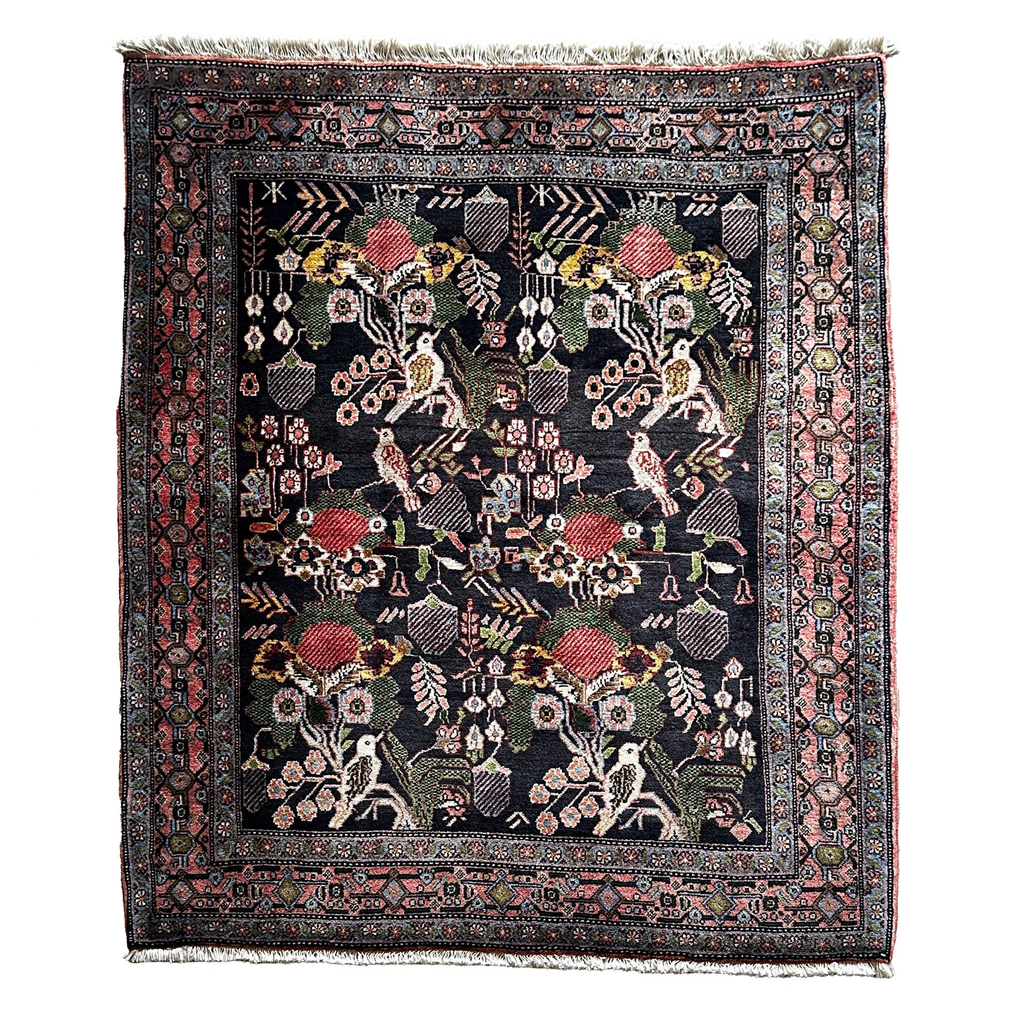 Senneh Teppich ca. 150 × 100 cm – dunkelblau/rosa/grün & dekorativ