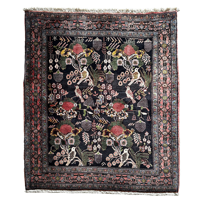 Senneh Teppich ca. 150 × 100 cm – dunkelblau/rosa/grün & dekorativ
