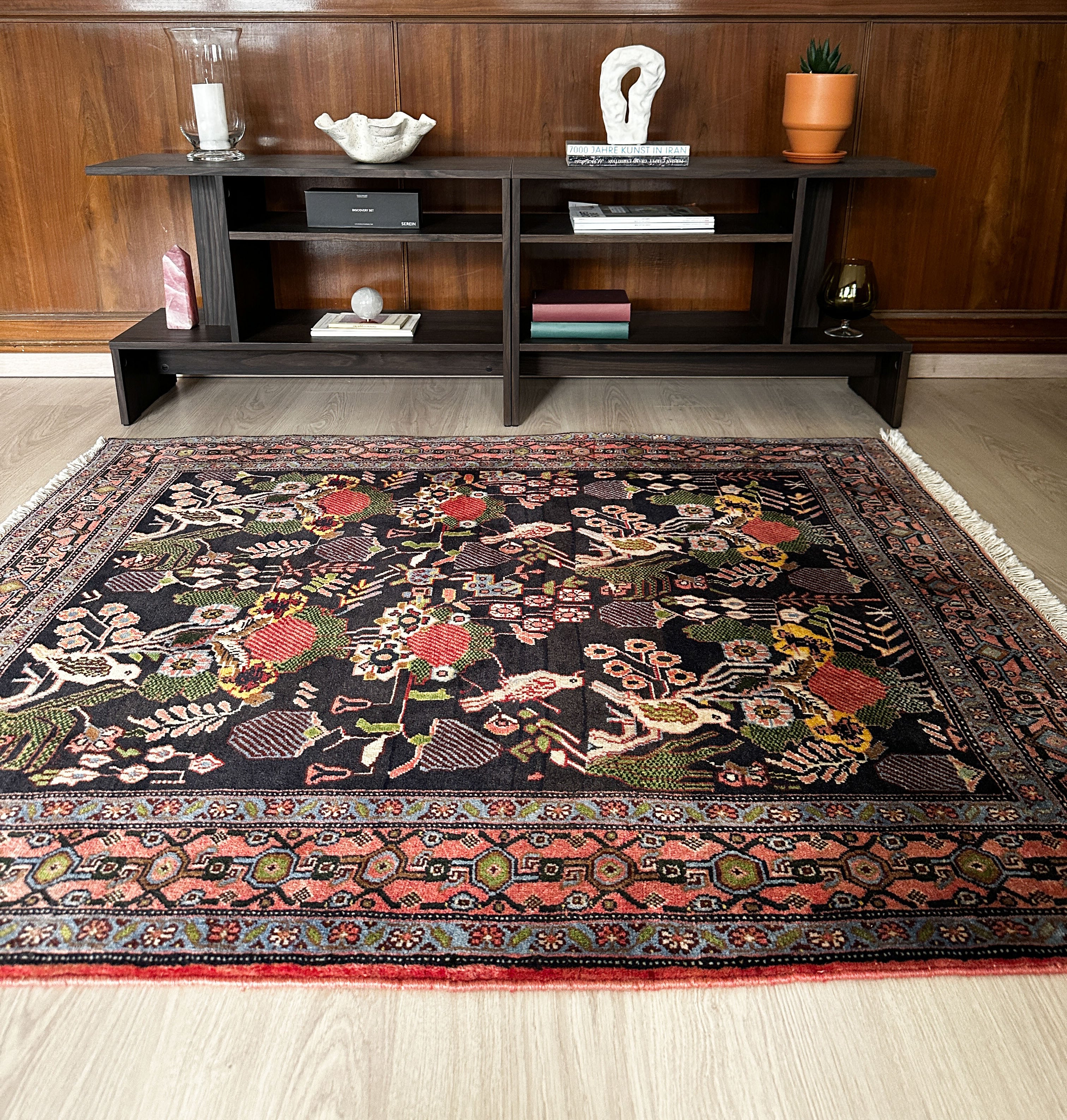 Senneh Teppich ca. 150 × 100 cm – dunkelblau/rosa/grün & dekorativ