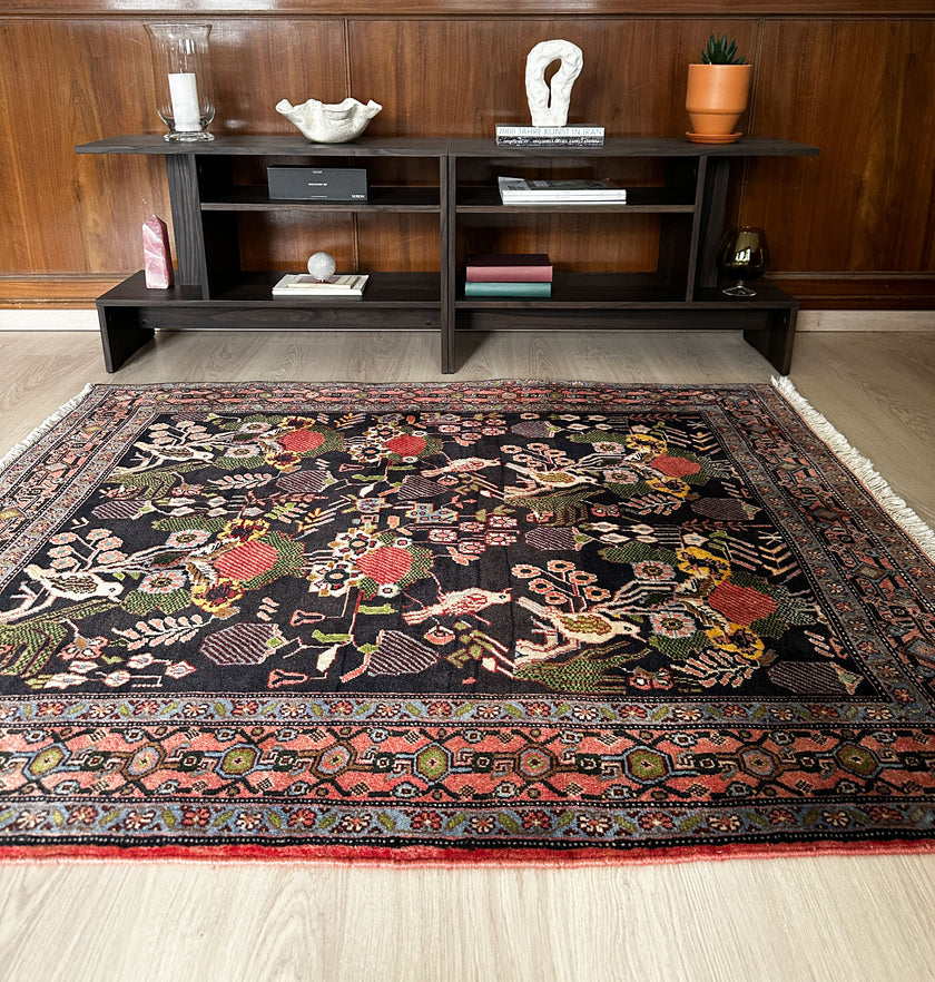 Senneh Teppich ca. 150 × 100 cm – dunkelblau/rosa/grün & dekorativ